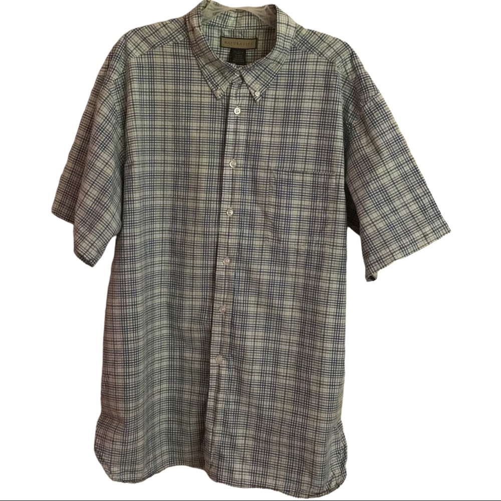 Naturalife Short Sleeve Button Down White/Blue Plaid Men’s Shirt, Size XXL, EUC